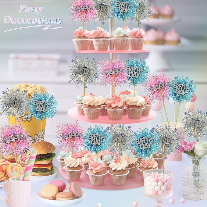 LOLStar 12 Pcs Happy Birthday Cake Toppers, Foil Firework Cupcake Toppers Blue Pink Sparkle Tinsel Drink Stirrers Cake Party Decoration, Cocktail Food Fruit Toothpick for Holiday Photo Booth Props