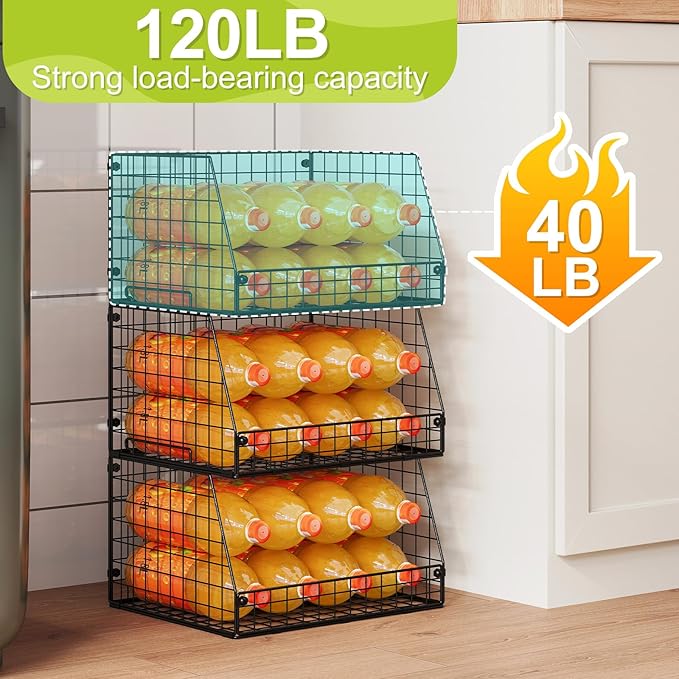 3 Pack XXL Stackable Wire Baskets, Large Storage Bins for Onion, Potato, Vegetable, Fruit, Snack, Pantry Baskets for Kitchen Cabinet Countertop, Pantry Organizers and Storage Solutions