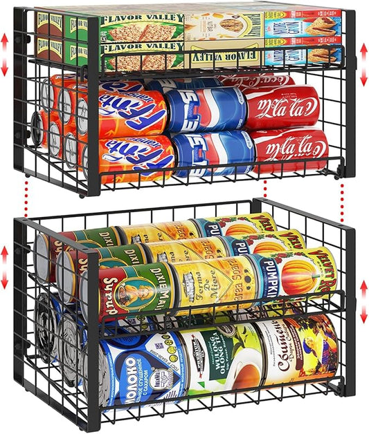 2 Pack Stackable Can Organizer for Pantry, Adjustable Can Holder Rack for Canned Food Soda Drink Goods Storage up to 60 Cans Storage, 2-Tier, Black