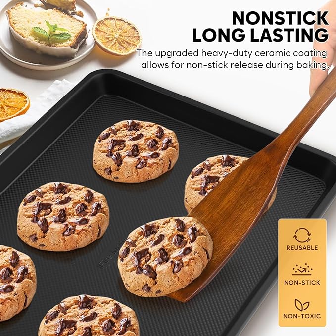 4 Pack Baking Sheet Pan Set Non Stick, Carbon Steel Cookie Sheets for Baking with Wire Rack, Cooling Racks for Cooking and Baking, Thicker Ceramic Half/Quarter/Jelly Roll Baking Trays for Oven