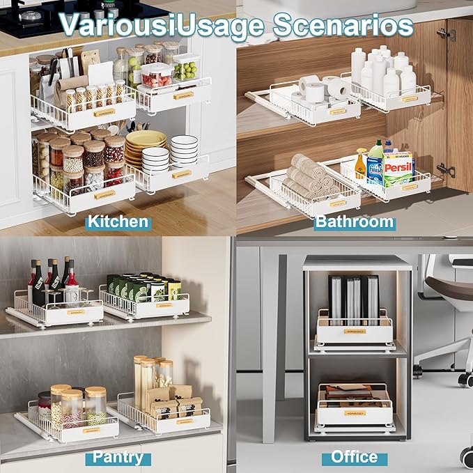 Under Sink Organizer, Kitchen Pull Out Cabinet Organizer, Mute Slide Out Metal Under Sink Organizers and Storage Shelves for Kitchen Bathroom Laundry Cabinet Pantry, White