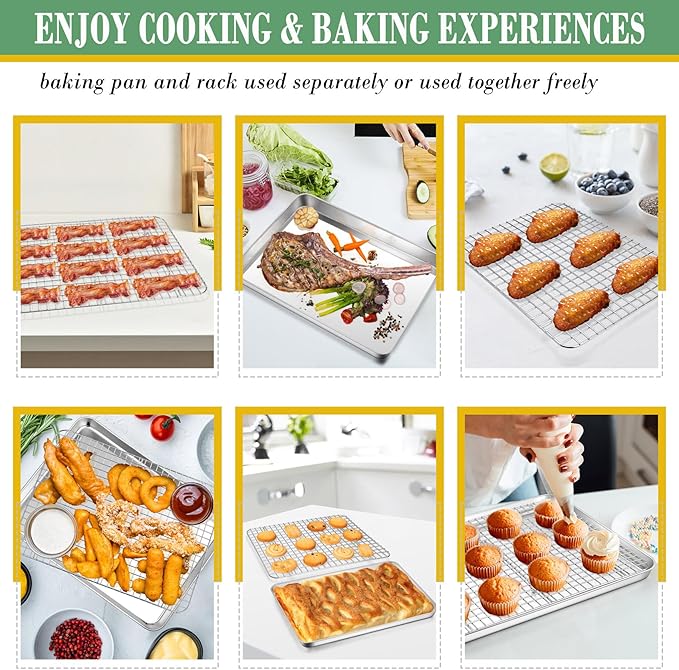 TeamFar Baking Sheet with Rack Set (3 Pans + 3 Racks), Stainless Steel Baking Pan Cookie Sheet with Cooling Rack, Non Toxic & Heavy Duty, Easy Clean & Dishwasher Safe