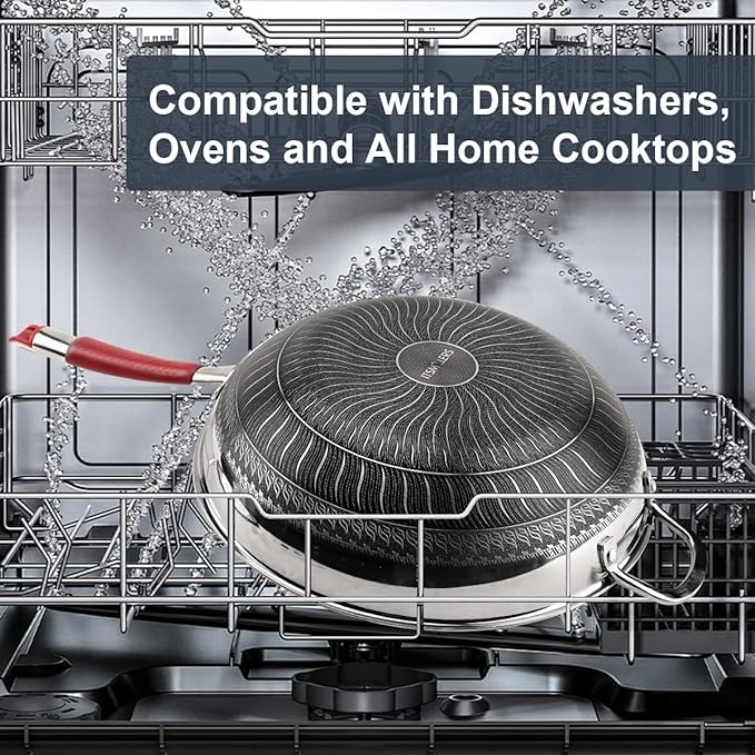 Tri-ply Stainless Steel Wok with Lid, 13.5'' PFOA Free Nonstick Stir Fry Pan, Induction Compatible, Dishwasher and Oven Safe, Scratch-resistant Surface