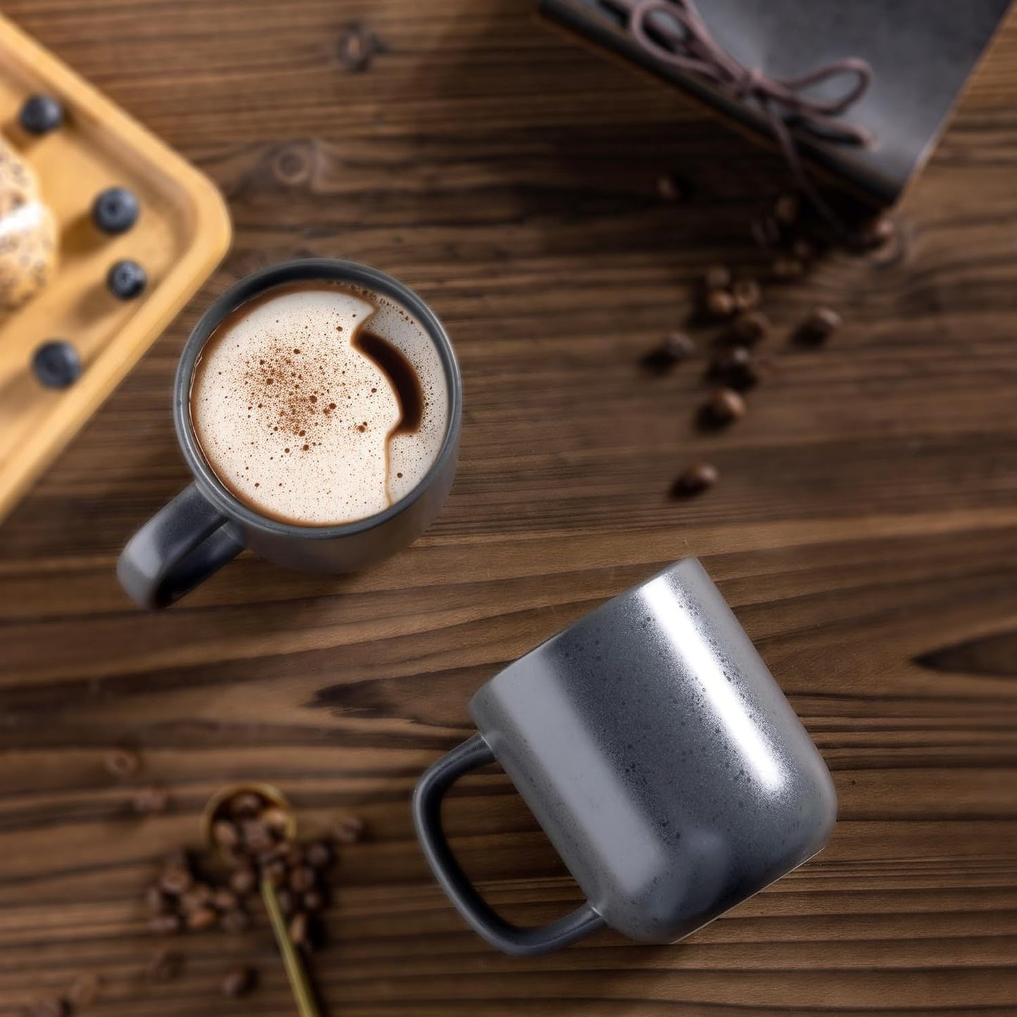 AmorArc 14oz Coffee Mugs Set of 6, Ceramic Coffee Mugs with Large Handle & Wavy Rim for Latte/Hot Cocoa/Tea, Stylish Coffee Cups for Men Women. Oven,Dishwasher&Microwave Safe, Dark Gray