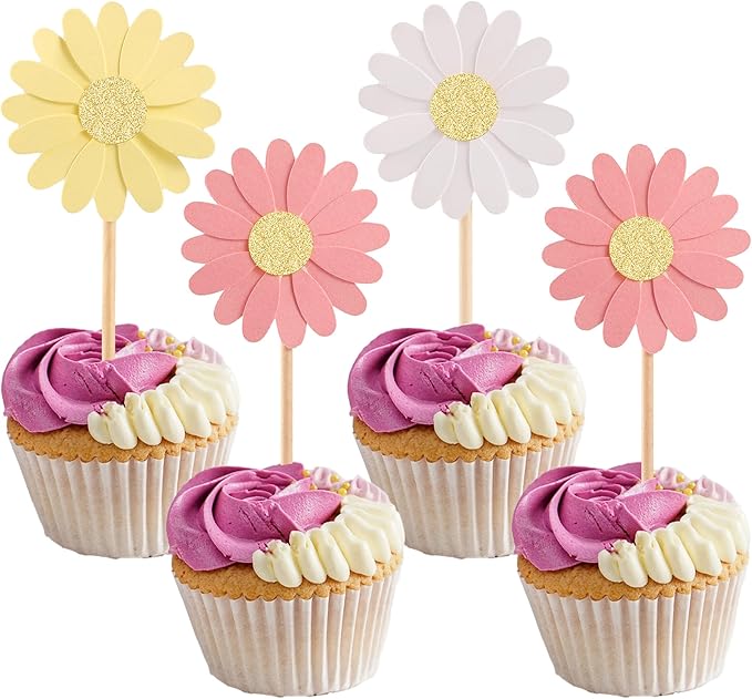 24Pcs Daisy Cupcake Toppers Glitter Flower Daisy Cake Decorations Chrysanthemum Cupcake Toppers Spring Daisy Flower Cake Picks for Birthday Wedding Supplies Multi 2