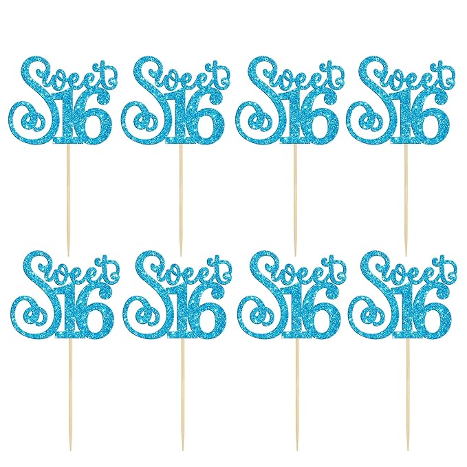 Gyufise 24 Pack 16th Birthday Cupcake Toppers Glitter Sixteen Happy Sweet 16 Cupcake Picks Cheers to 16 Years Old Cupcake Decorations for 16th Birthday Anniversary Party Supplies Light Blue