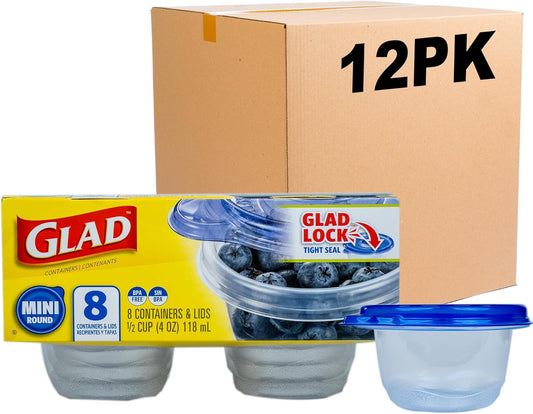 Glad GladWare Mini Round Food Storage Containers - Small Meal Container Holds up to 4 Ounces of Food - Lock Tight Seal, 8 Count - 12 Pack