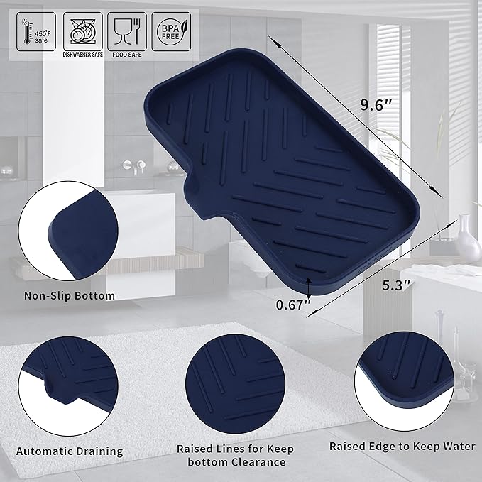 Silicone Bathroom Soap Dishes with Drain Spout-Kitchen Sink Organizer,Sponge Holder,Dish Soap Tray,Perfect for Dispenser,Scrubber,Bottle,Cup on Sink or Counter-Navy Blue 9.6"×5.3"
