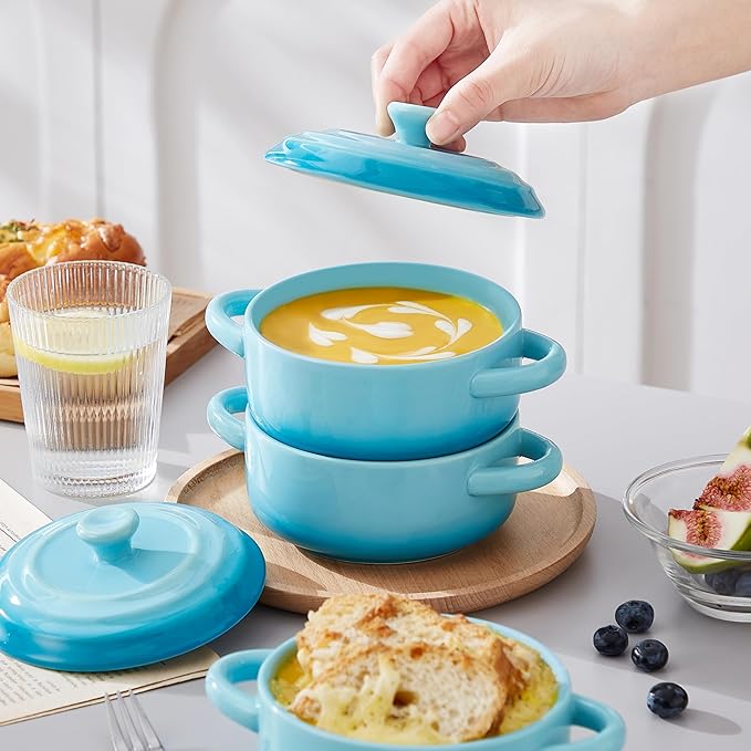LOVECASA Mini Cocotte Set, 12 OZ Small Casserole Dishes with Lids, Soup Bowls With Handles, Individual Ramekins, Oven, Microwave & Dishwasher Safe, Set of 4, Blue