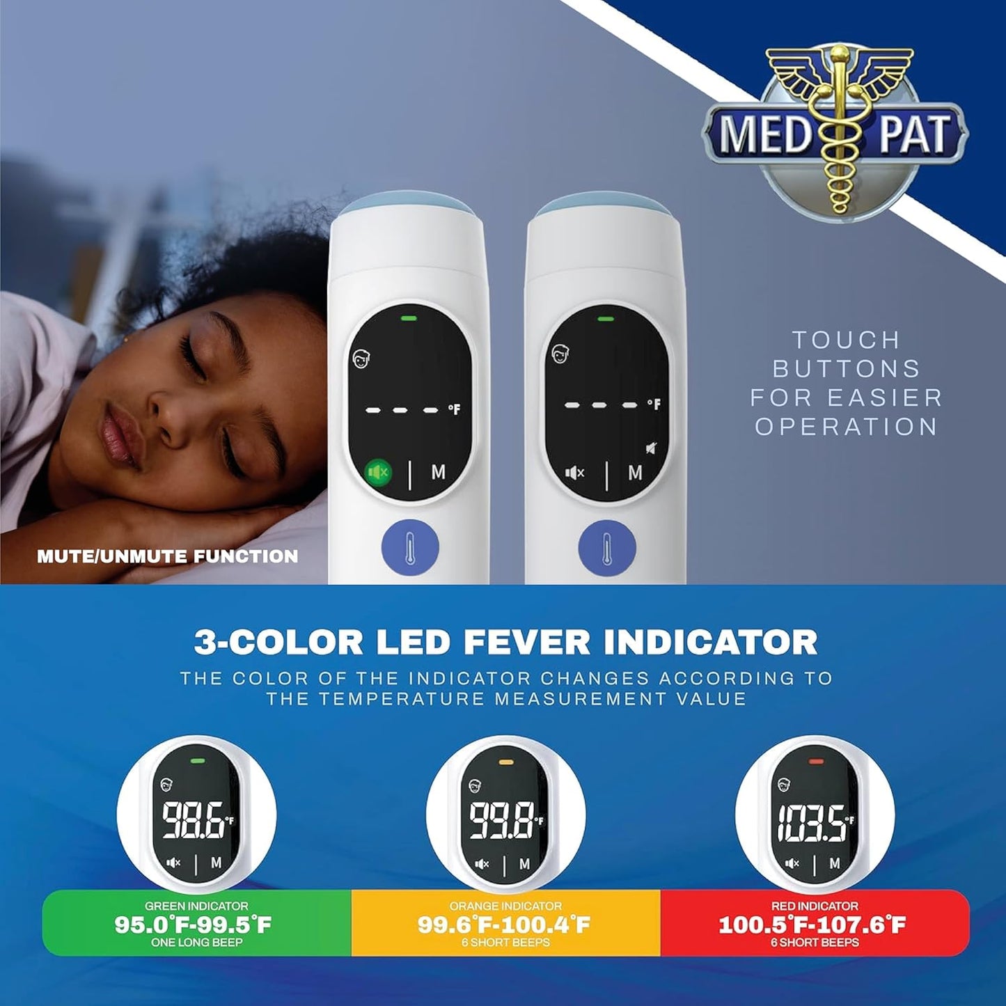 Med-Pat TH-1 Touchless Digital Thermometer - Infrared 1-Second Result - - Baby, Kids, Adults - Temperature Fever Alert, HD Color - Forehead & Ear Mode - Auto-Light & Silent Mode