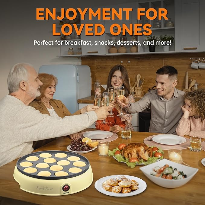 Baker's Friend Mini Pancakes Maker Machine, Dutch Mini Pancake Griddle, 14 Holes Electric Poffertjes Pan, Ideal for Breakfast, Snacks, Desserts & More, Yellow