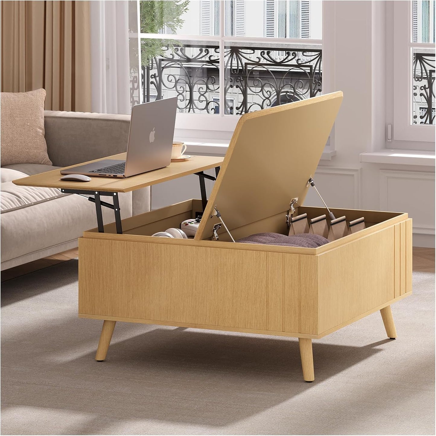 Lift Top Coffee Table, Mid Century Modern Center Table with Large Hidden Storage Compartment, 36" Square Coffee Tables for Living Room, Home Office, Oak