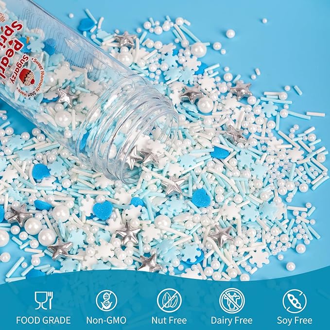 Edible Frozen Sprinkles ,Blue Heart White Snowflake Silver Star Pearl Jimmies Mix,130g/4.58oz,Winter Snow Sugar Pearls Sprinkles for Decorations Baking,Cake Ice Cream Cookies Cupcake Topper Chocolate,Birthday Children Party Dessert Decorating