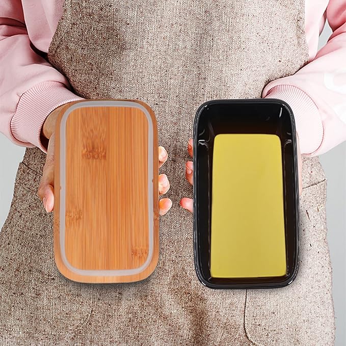 Ceramic Butter Dish with Wooden Lid, Large Butters Container Keeper Storage with Stainless Steel Knife Spreader, Bamboo Cover and Silicone Sealing Ring for West East Coast, Black