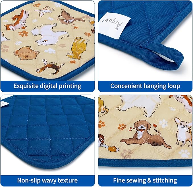 Dogs Oven Mitts and Pot Holders Sets 100% Cotton Heat Resistant, Extra Long Oven Gloves Potholder for Kitchen Cooking Baking Housewarming