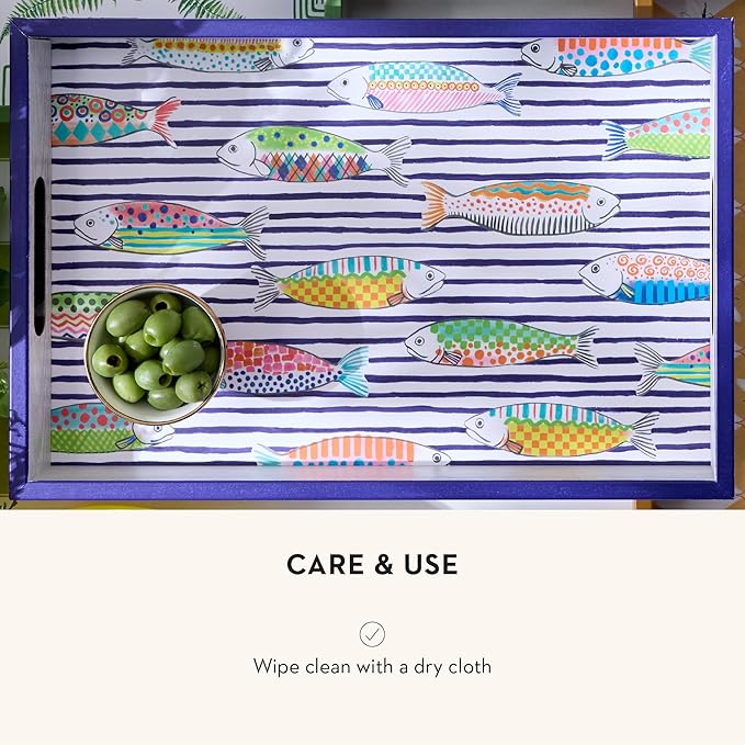 MACKENZIE-CHILDS Wooden Tray with Handles, Rectangular Tray for Serving, Go Fish