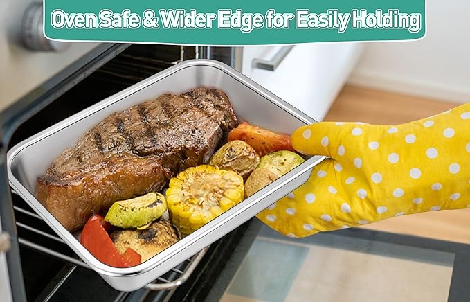 TeamFar Lasagna Pan, 10.5 x 8 x 1.7 inch Stainless Steel Rectangle Cake Pan Brownie Pan Set for Roasting Baking, Non Toxic & Healthy, Oven & Dishwasher Safe, Brushed Surface & Wider Edge - Set of 2