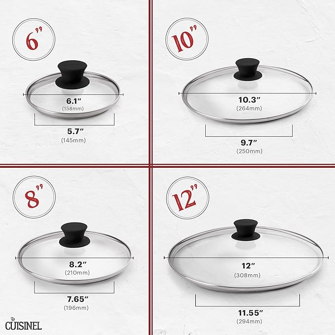 Glass Lids Set - 6"+8"+10"+12"-Inch / 15.24cm+20.32cm+25.4cm+30.48cm - Compatible with Lodge Cast Iron - Fully Assembled Tempered Replacement Cover - Oven Safe for Skillets Pans: Universal Cookware