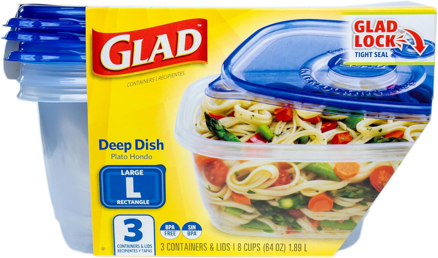 Glad GladWare Deep Dish Food Storage Containers, Large Rectangle - Meal Container Holds up to 64 Ounces of Food - Lock Tight Seal, 3 Count - 6 Pack