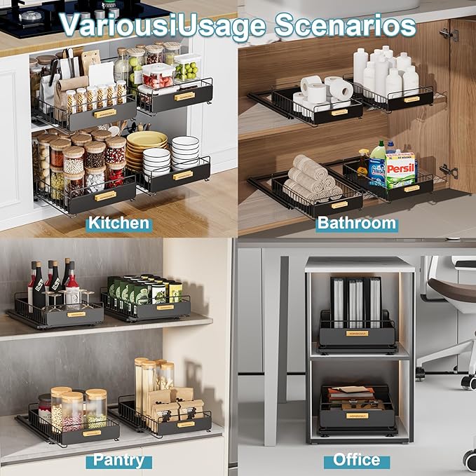 Under Sink Organizer, Kitchen Under Sink Organizers and Storage, Mute Pull Out Cabinet Organizer Shelf, Metal Sliding Drawer for Kitchen Bathroom Pantry Cabinet Closet Organization Rack, Black