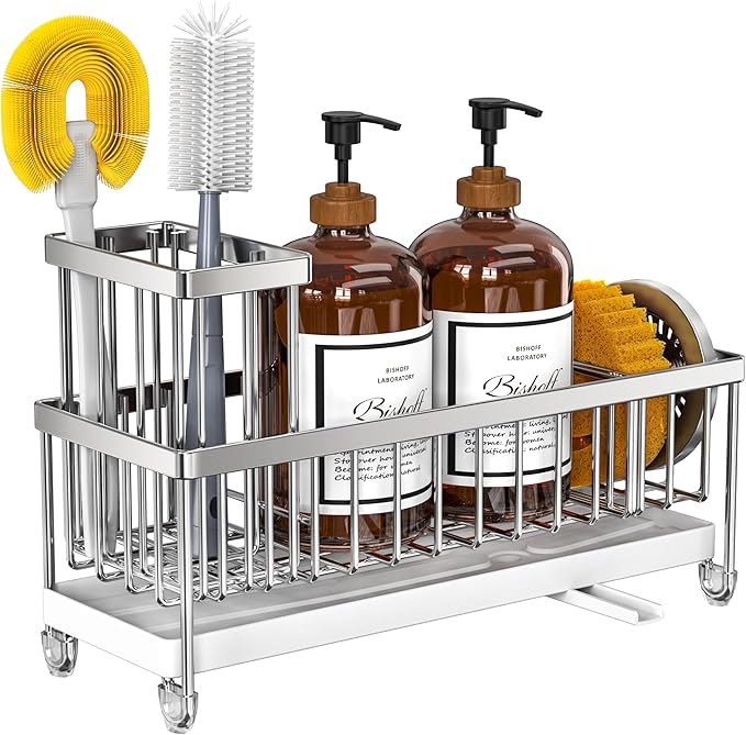 Cisily Extra Large Silver Sponge Holder for Kitchen Sink, Sink Caddy Organizer with High Brush Holder, Kitchen Countertop Organizers and Storage Essentials, Rustproof 304 Stainless Steel