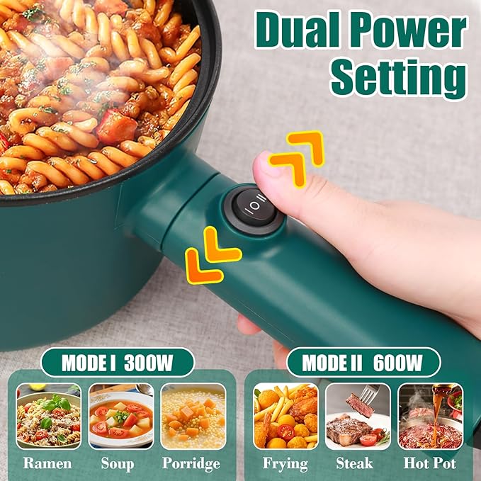 Electric Hot Pot with Steamer, 1.8L Ramen Cooker, Portable Cooking Pot Non-Stick Sauté Pan, Electric Pot for Pasta, Egg, Steak, BPA Free,Dual Power Control, Suit Dorm Room, Travel,RV,Hotel