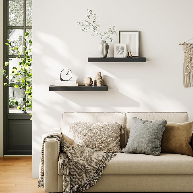 HOOBRO Floating Shelves for Wall, Wall Mounted Shelf Set of 2, 23.6" Hanging Shelf with Invisible Brackets, for Wall in Bathroom, Bedroom, Toilet, Kitchen, Living Room, Office, Black BK60BJ01