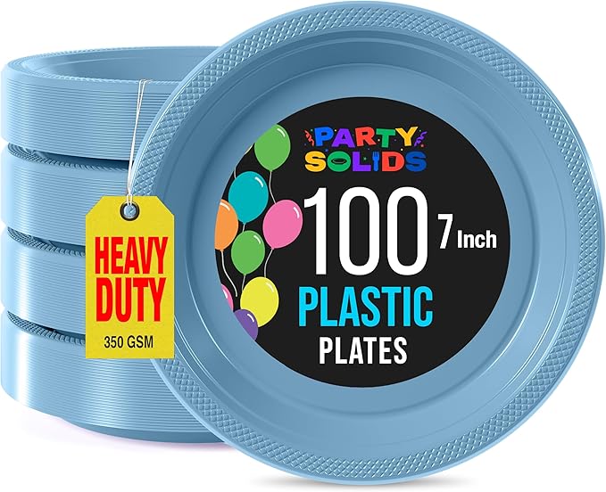 Exquisite Party Solids Light Blue Plastic Plates For Party 7" Light Blue Disposable Plates Heavy Duty Supplies 100 Pcs Plastic Dinnerware Sets Heavy Duty 350 GSM Disposable Dinnerware Set