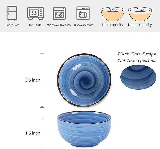 Selamica Ceramic Mini Bowls, 4 OZ Dipping Bowls, 3.5 Inch Gradient Blue Set of 6, Microwave & Dishwasher Safe