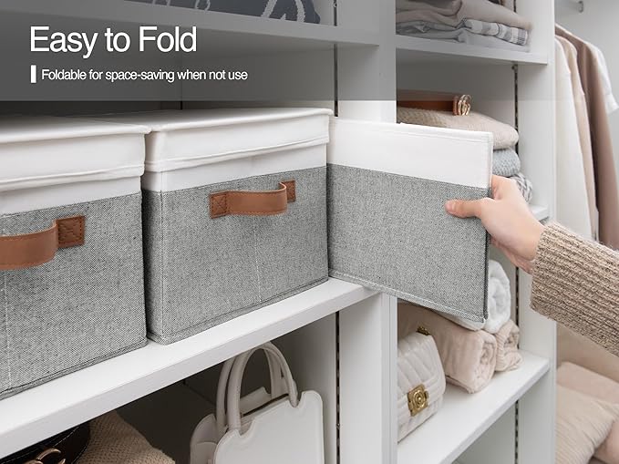 StorageWorks Storage Bins with Lids, Decorative Storage Boxes with Lid and PU Handles, Foldable Storage Baskets for Closet, Shelves, Stackable, Grey and White, Jumbo, 3-Pack