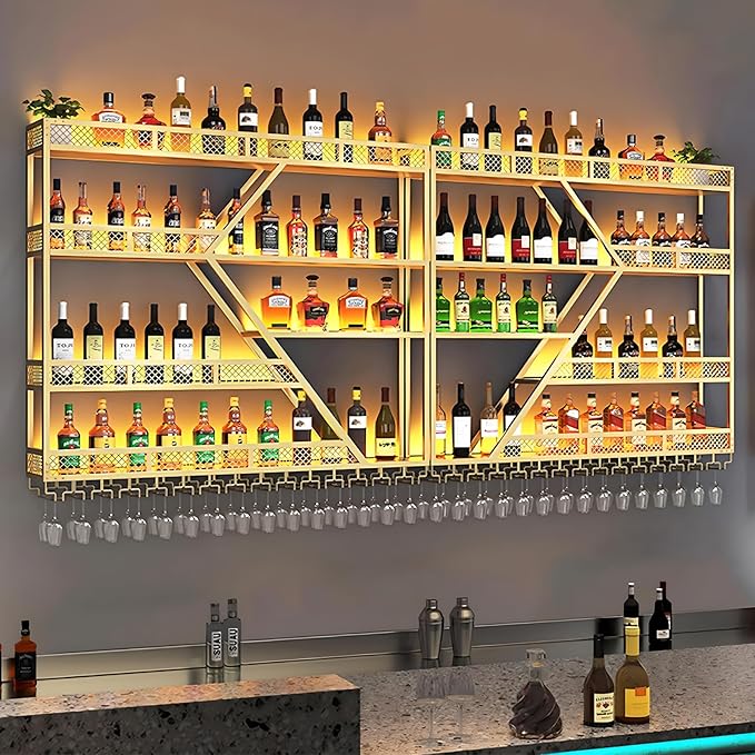 94.48in Metal Wine Rack Wall Mounted, Modern Wine Storage Rack Wall Mounted with Wine Glass Holder, Liquor Shelf, Bar Shelves for Liquor Bottles (4 Tiers Gold, 94.48 * 7.87 * 33.85INCH)