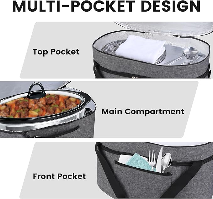 MUSBUS 2 Layer Slow cooker bag for Crock-Pot 6-8 quart, Travel reunionc outdoor, Easy to transport Insulation water proof easy cleaning to carry, Family Gathering Potluck, Gift for Women - Grey