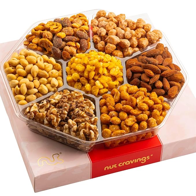 NUT CRAVINGS - Mixed Nuts Gift Basket in Red Gold Classic Box (7 Assortments, 1 LB) Food Arrangement, Healthy Snack Care Package, Food Assortments