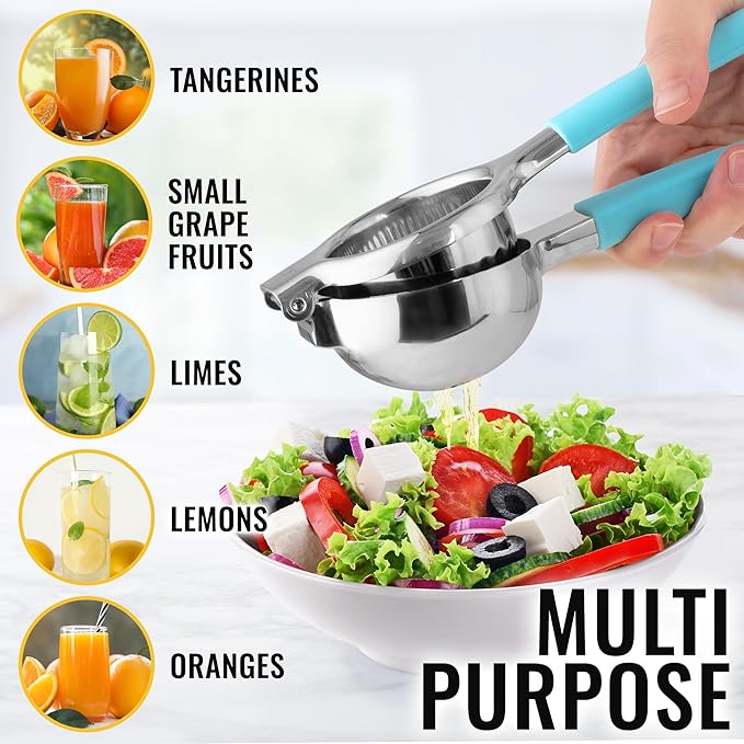 Zulay Lemon Squeezer Stainless Steel with Premium Heavy Duty Solid Metal Squeezer Bowl and Food Grade Silicone Handles - Large Manual Citrus Press Juicer and Lime Squeezer Stainless Steel (Blue)