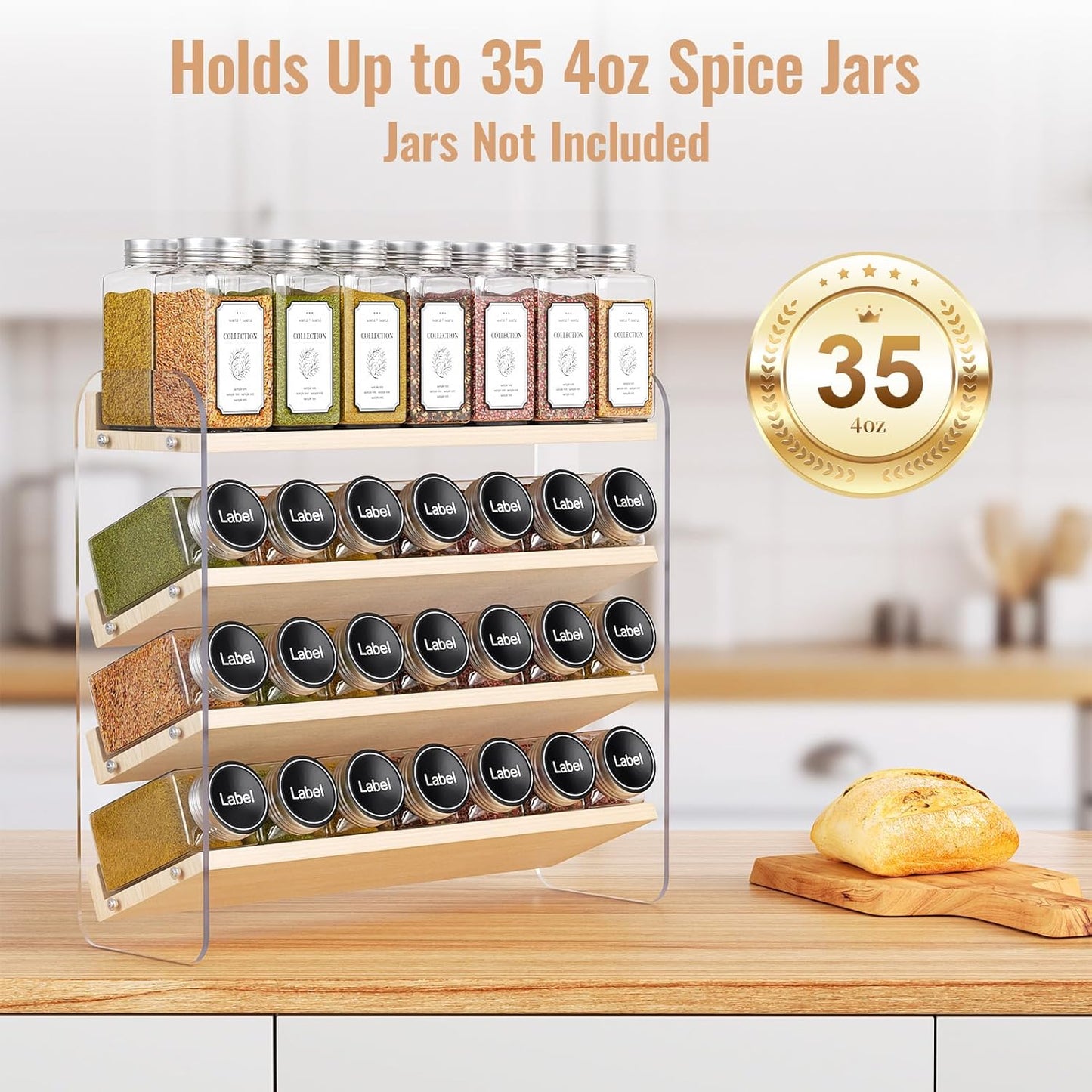 MUDEELA Clear Spice Rack Organizer for Cabinet, 4 Tiered Vertical Spice Shelf, Wooden Seasoning Organizer for Countertop, Kitchen, Pantry, Freestanding, 13.3" W × 11.2" H (No Jars Included)
