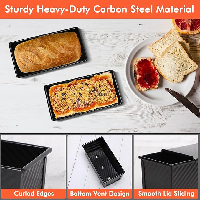Beasea Pullman Loaf Pan with Lid, 2 Pack 0.5 lb Small Non-Stick Bread Loaf Pans Carbon Steel Mini Bread Toast Box for Homemade Bread Toast Oven Baking - Black