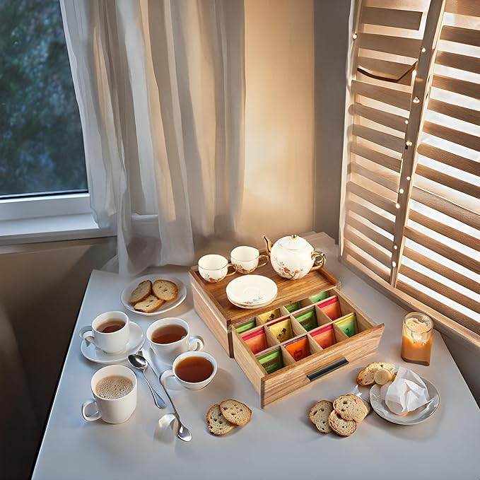 Acacia Wood Tea Bag Organizer - 12-Compartment Capacity Tea Box Organizer Storage Box with Drawer, Tea Accessories for Tea Bags Storage Drawer, Tea Station for Countertop