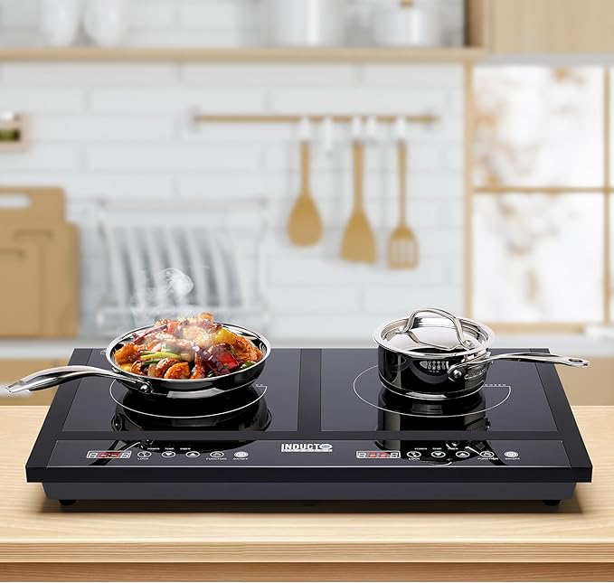 Homewell Inducto Dual Induction Cooktop Countertop Burner, Portable Electric Cooktop with Two Heating Zones, Energy-Efficient Countertop Stove, Easy-to-Clean Glass Surface, Black 1800W