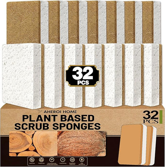 Aheroi Natural Dish Sponge, 32 Count Plant-Based Biodegradable Compostable Kitchen Sponges for Dishes Bulk, Organic Eco Friendly Cleaning Sponge for Bathroom, Household, Non Scratch Non Toxic