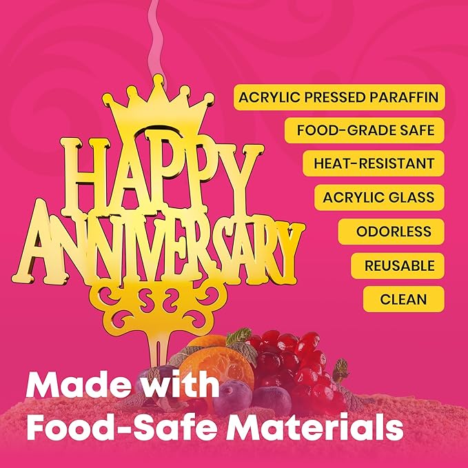 Happy Anniversary Reusable Gold Romantic Cake Candle - Luxury Cake Topper Candle for Birthdays, Weddings & Anniversaries - Reusable Food Safe Acrylic, Shiny Mirror Finish - Birthday Cake Topper