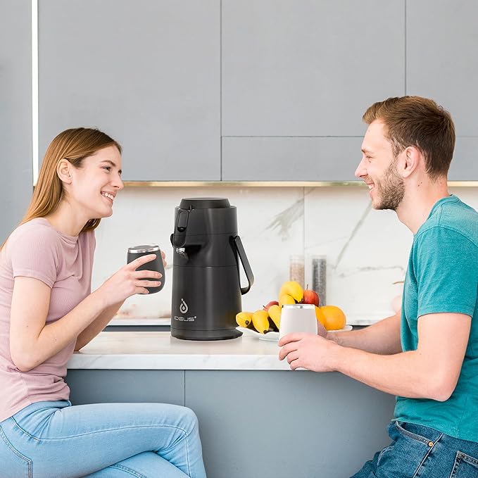 IDEUS Thermal Coffee Carafe 74oz (2,200ml), Stainless Steel Double Wall Insulated Vacuum Flask, Water Jug Coffee Server and Beverage Dispenser, Heat and Cold Retention (Black, 74oz (2,200ml))