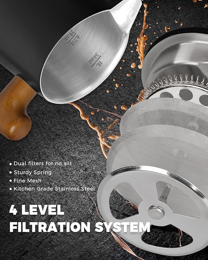 POLIVIAR French Press Coffee Maker, 34 oz Coffee Press with Real Wood Handle, Double Wall Insulation & Dual-Filter Screen, Food Grade Stainless Steel for Good Coffe and Tea, JX2025-XFPB