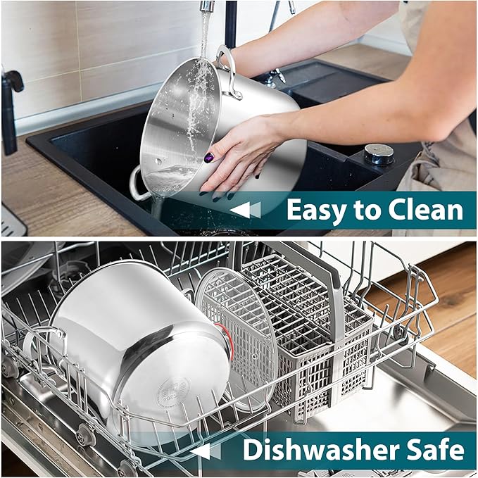 E-far 10 Quart Stock Pot, Large Tri-Ply Stainless Steel Soup Pot with Glass Lid and Riveted Handles, Tall Induction Cooking Pot for Canning/Simmering/Stewing, Heavy Duty & Dishwasher Safe