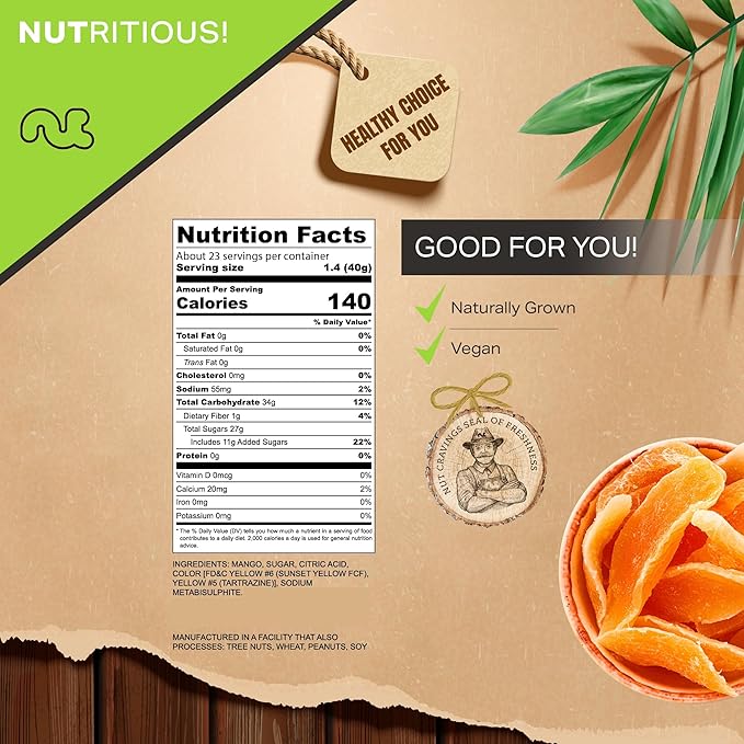 NUT CRAVINGS - Sun Dried Mango Slices, Lightly Sweetened (32oz, 2 LB) Bulk Dry Fruits Packed Fresh in Resealable Bag - Sweet Healthy Snack, Naturally Grown, Vegan, Kosher