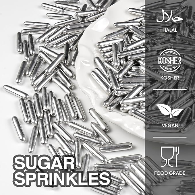 Silver Rods Sprinkles, Sugar Sprinkles For Cake Decorating, 150g/5.29oz, Food Grade, Ice Cream Decoration, Cupcake Toppers, Donuts, Cookies, Holiday, Birthday Party, Christmas Supplies