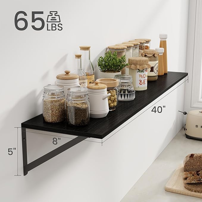 Heimlove Black Deep Floating Shelves for Wall, 40W x 8D Wood Wall Shelves Set of 2, Wide Floating Bookshelf for Living Room, Kitchen, Office, Bedroom and Decor Storage, with Metal Bracket - Black