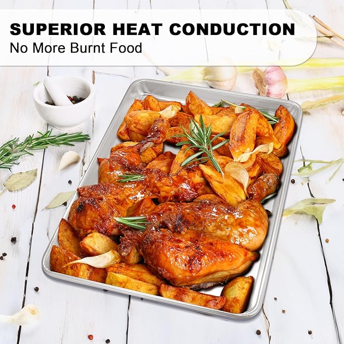 Half Sheet Pans with Rack Set, 18 Inch Commercial Quality Baking Sheet Pan Set, Natural Aluminum Cookie Sheet, Warp Resistant Nonstick Thick Cookie Tray Pans for Baking, Roasting