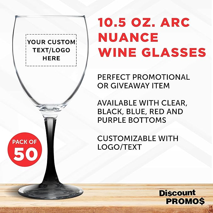 Custom Nuance Wine Glasses by ARC 10.5 oz. Set of 50, Personalized Bulk Pack - Restaurant Glassware, Perfect for Red Wine, White Wine, Cocktails - Black