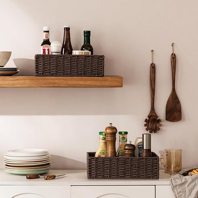 UBBCARE 2 Pack Wicker Basket, 11.5L×7.5H×3.5W inch Woven Paper Rope Storage Baskets for shelves, Foldable Rectangular Storage Baskets with Handle, Storage Basket for Organizing, Dark Brown