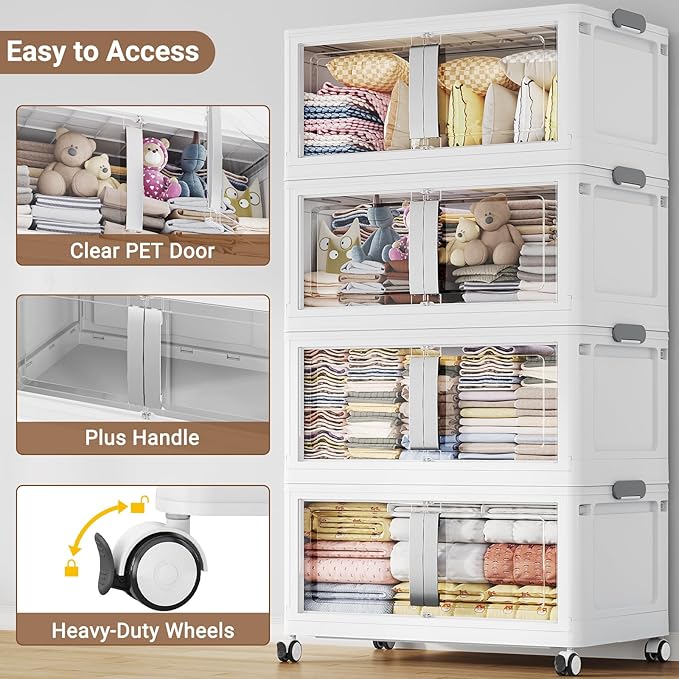 800QT Stackable Storage Bins with Lids, 200Gal Extra Large Collapsible Storage Box with Wheel, Plastic Storages with Clear Door Open Front for Home Bedroom Garage, White-5pack(5 lids)